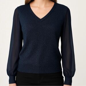 Brooks Brothers Navy Blue And Silver Shimmer Long Mesh Sleeves Top